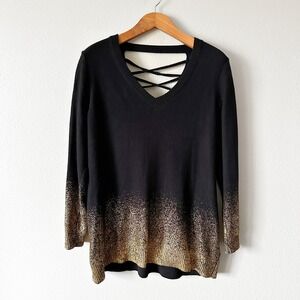 Torrid Black Gold Glitter Ombre V Neck Lattice Back Sweater Plus Size 1X